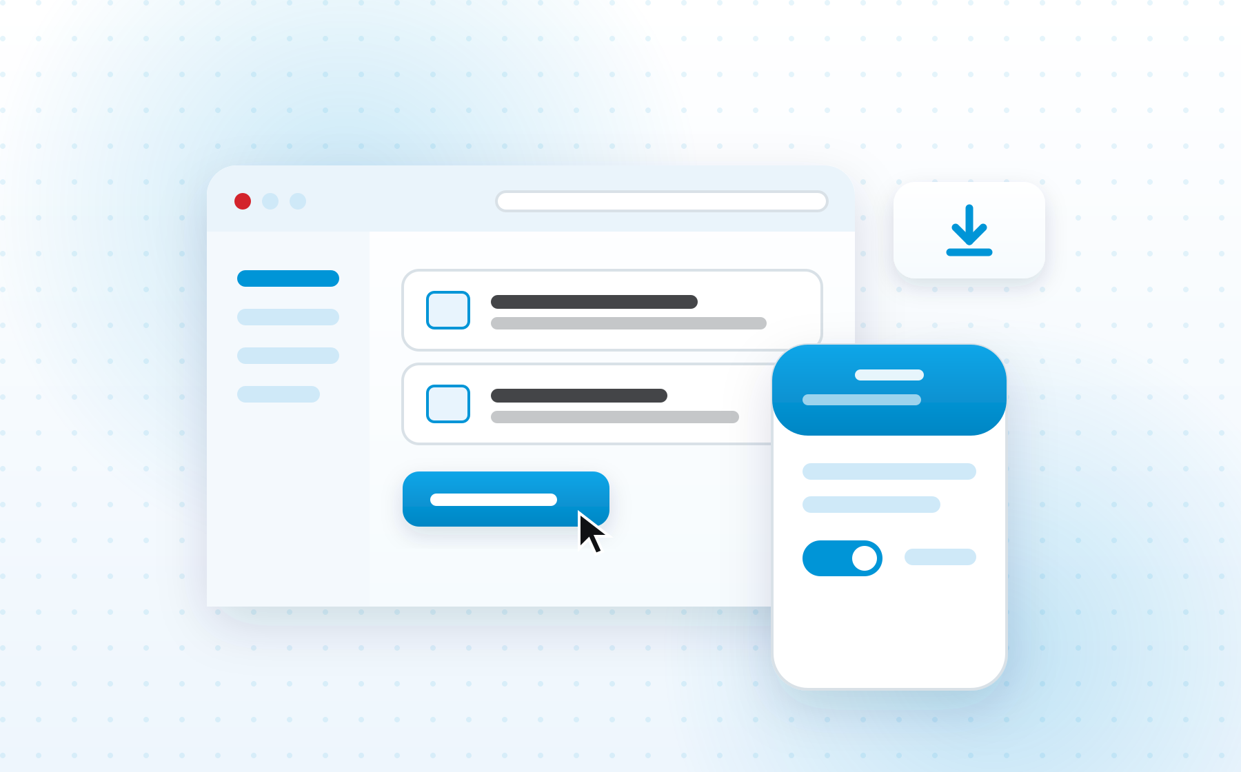 Illustratie: een klantomgeving op desktop en mobiel met documenten, een knop en een instelling